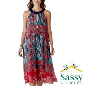 Rabbit Rabbit Rabbit Halter Floral High Low Dress Navy Red Blue Sz 16 EUC